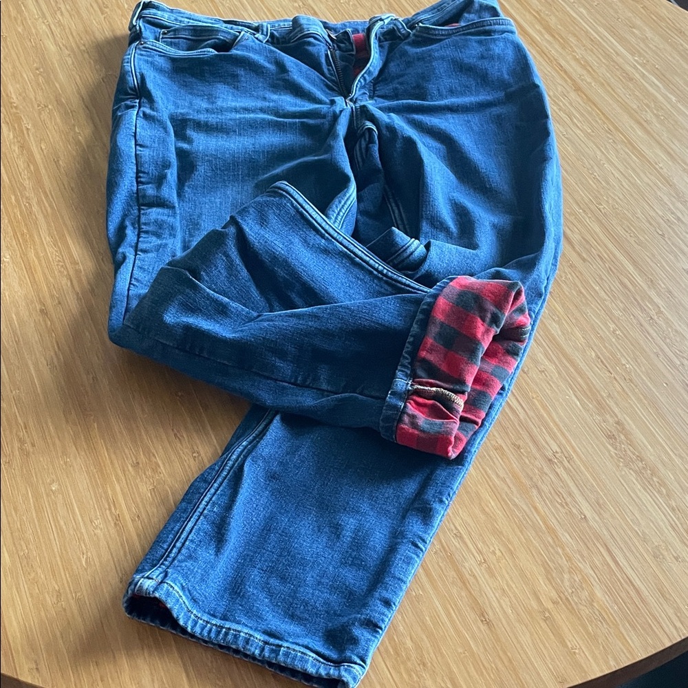 Duluth Trading Co Blue Denim with Red Plaid Accent